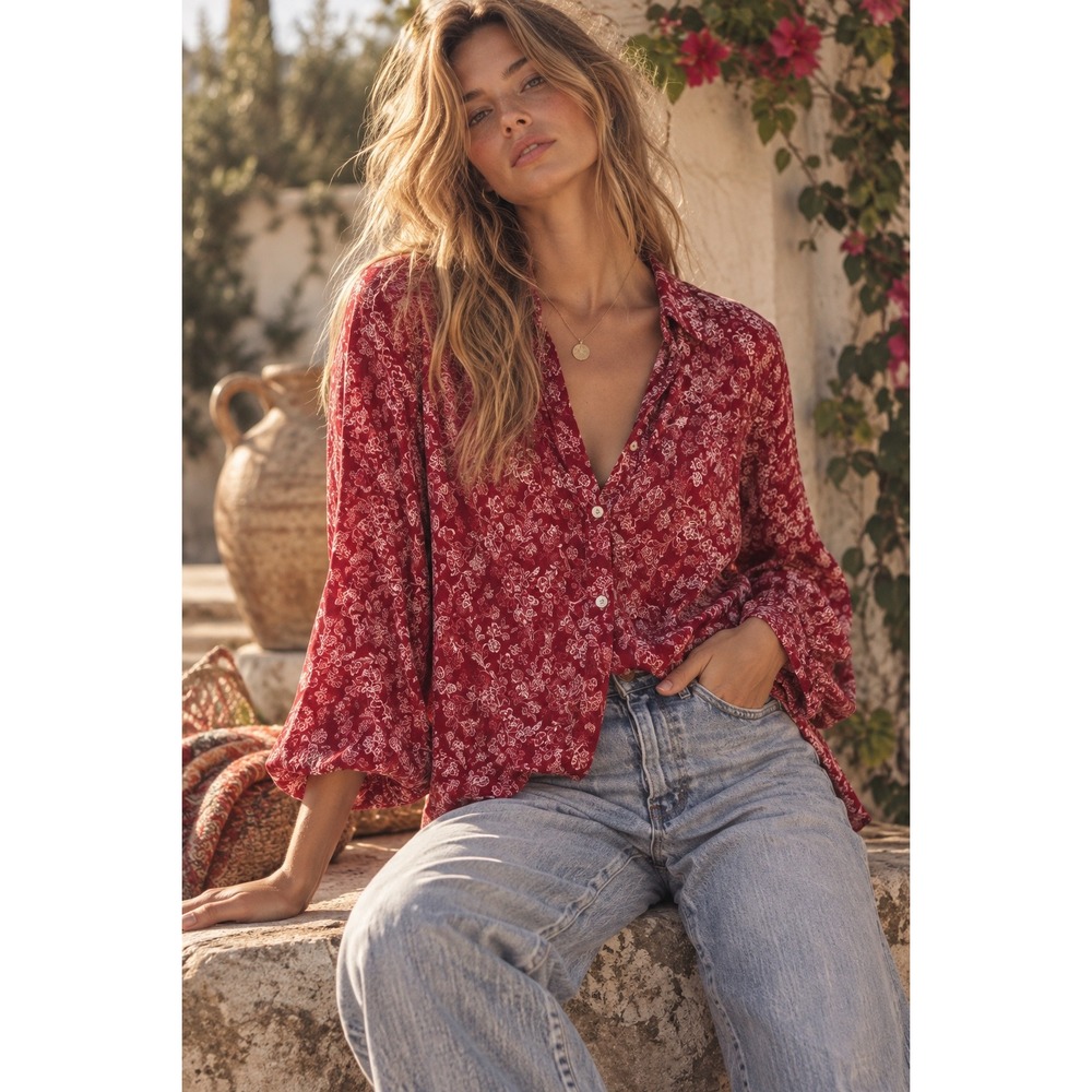 LOFT Red Floral Button Down Long Sleeve Shirt Women Large Boho Cottagecore